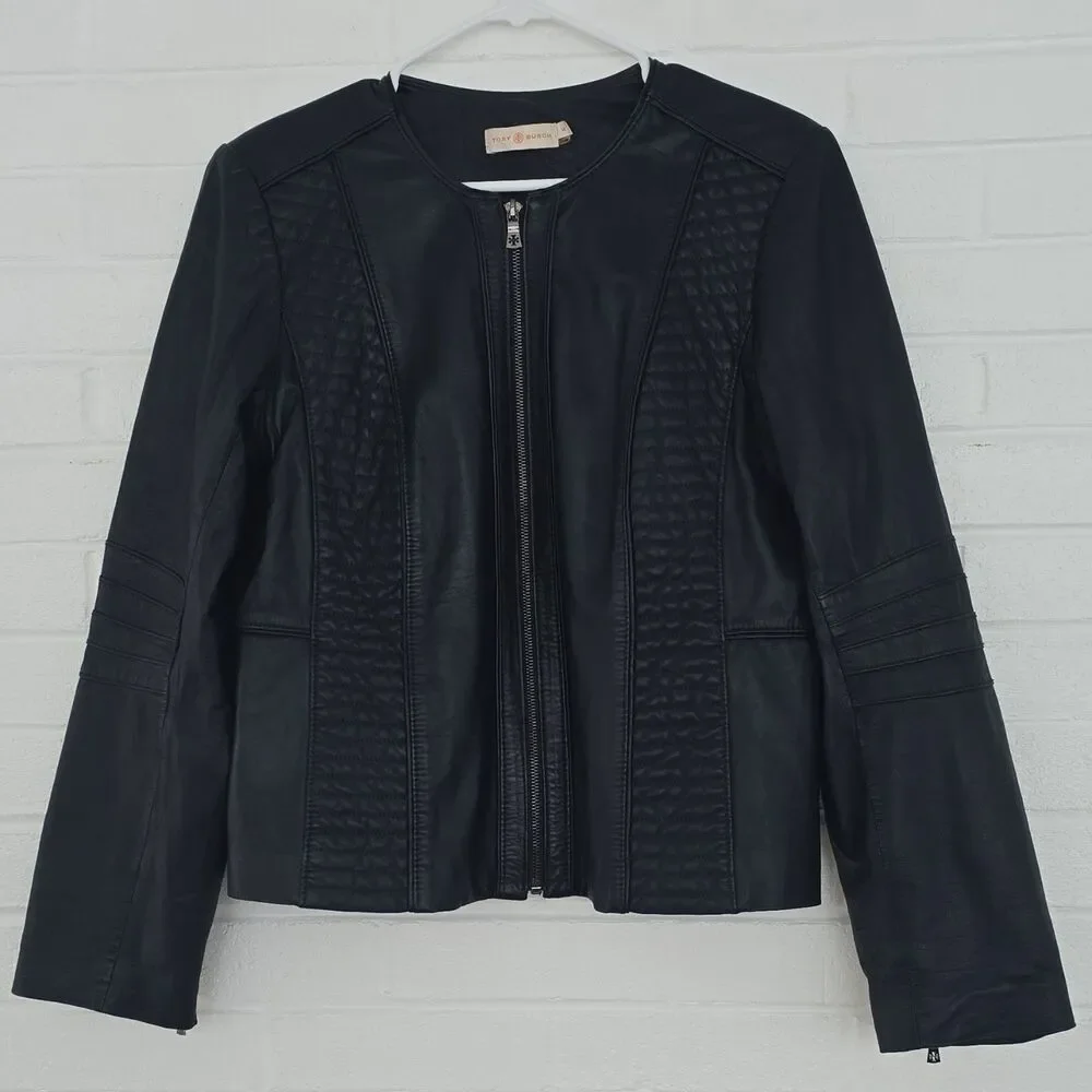 Tory Burch Leather Biker Jacket Cropped Navy Size 14
